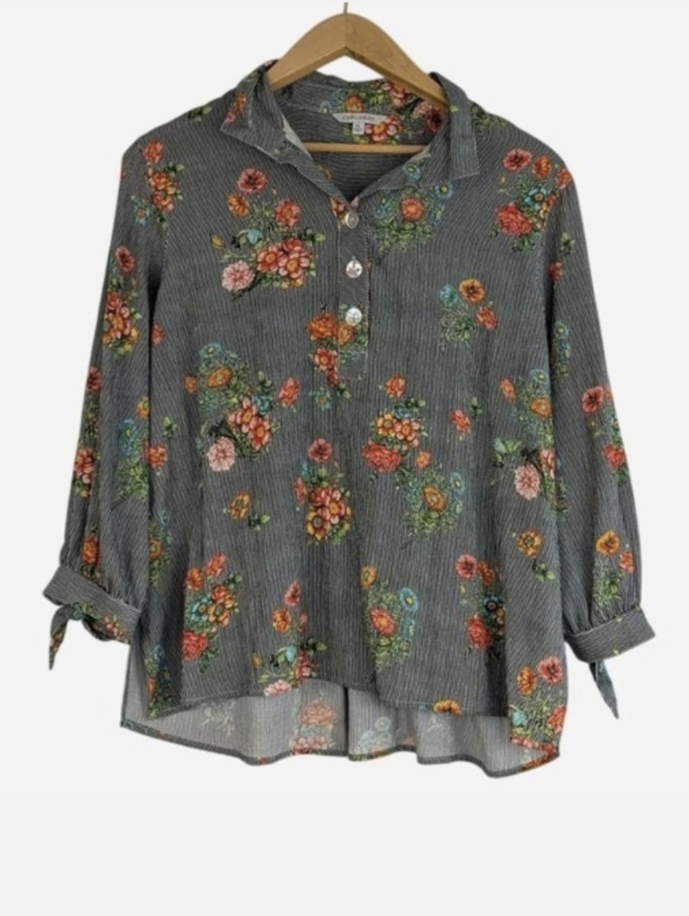 John Mark Striped Floral Button Front Blouse Roll Tab Sleeves Petite Large